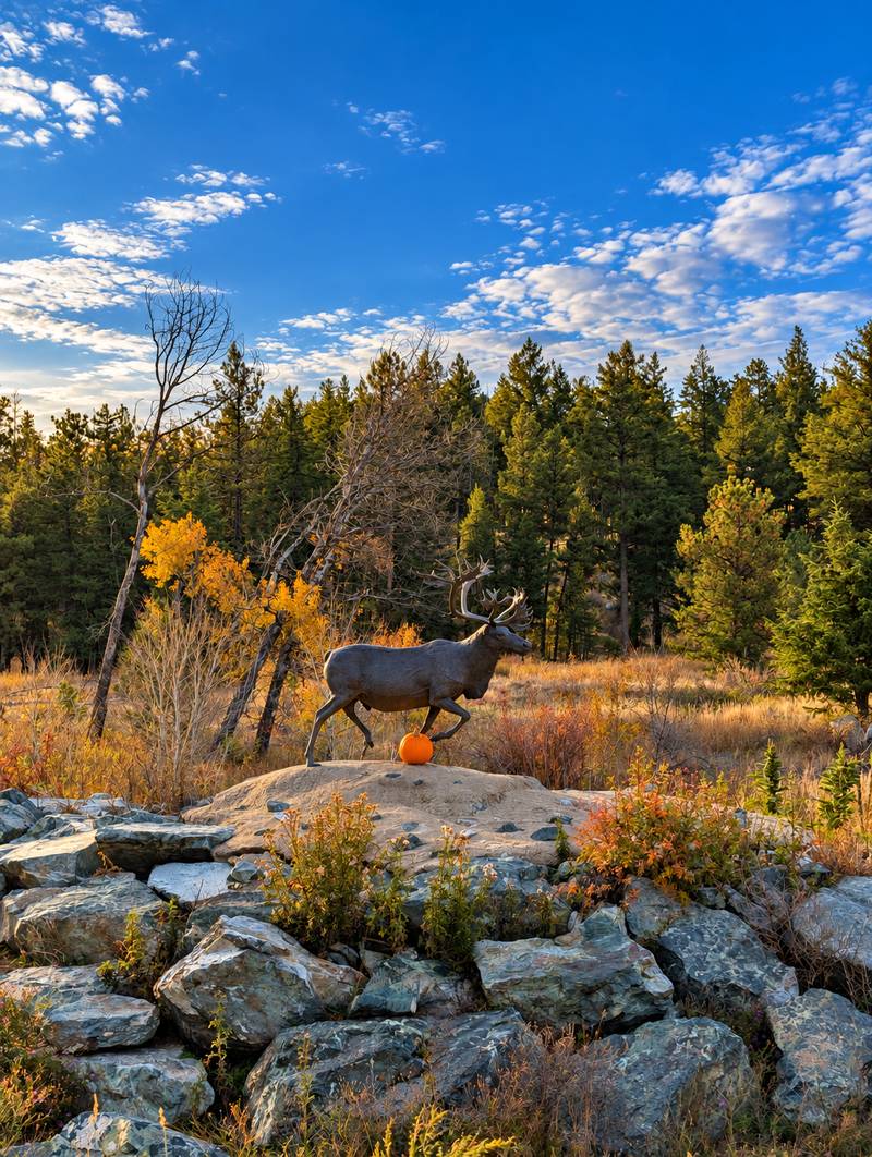 Caribou statue with large antlers walking across a rock outcrop in front of Caribou Crescent, Anarchist Mountain, Osoyoos BC, with a pumpkin at its front hoof
