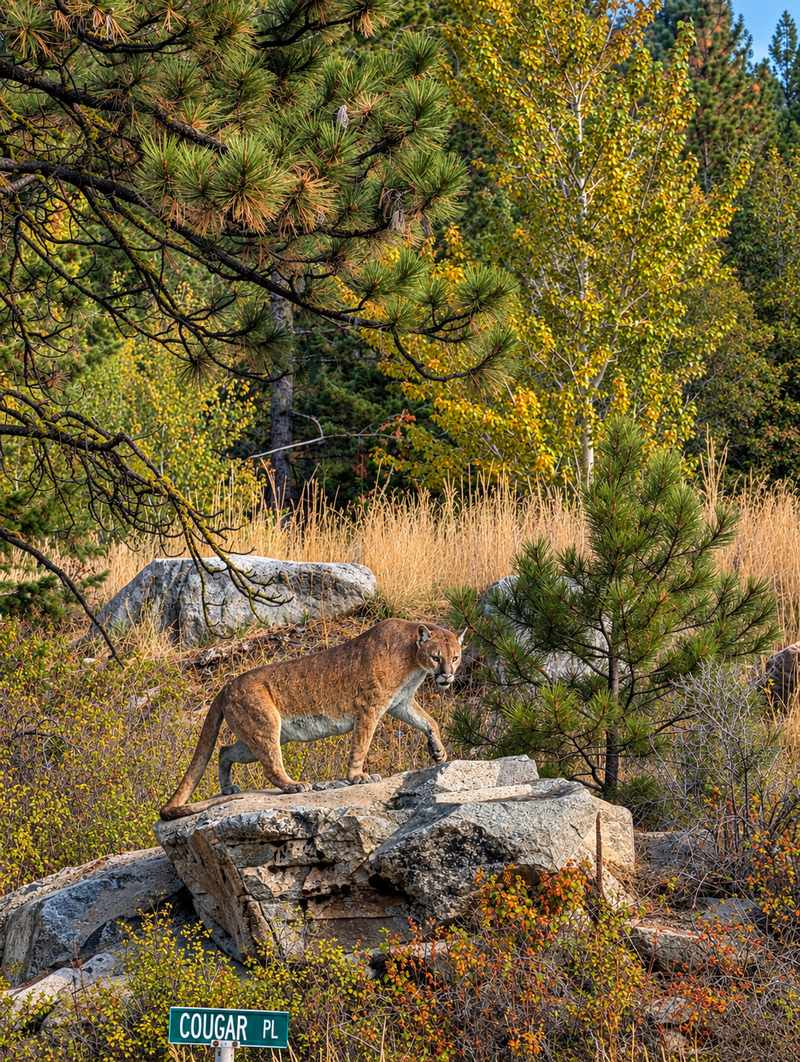Cougar statue on a rock above the Cougar Pl street sign, Anarchist Mountain, Osoyoos BC
