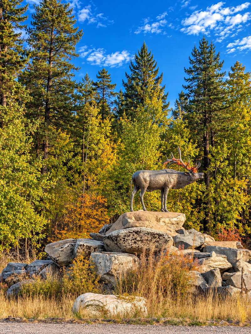 Elk statue with large antlers standing on a rock pile in front of Wapiti Way, Anarchist Mountain, Osoyoos BC, with fall-coloured trees behind