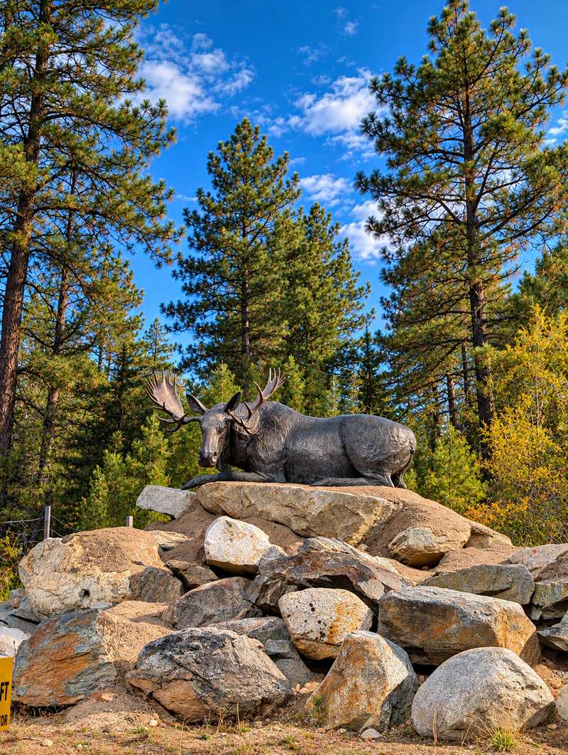 Resting moose statue with large antlers on a rock pile on Bullmoose Rd, Anarchist Mountain, Osoyoos BC