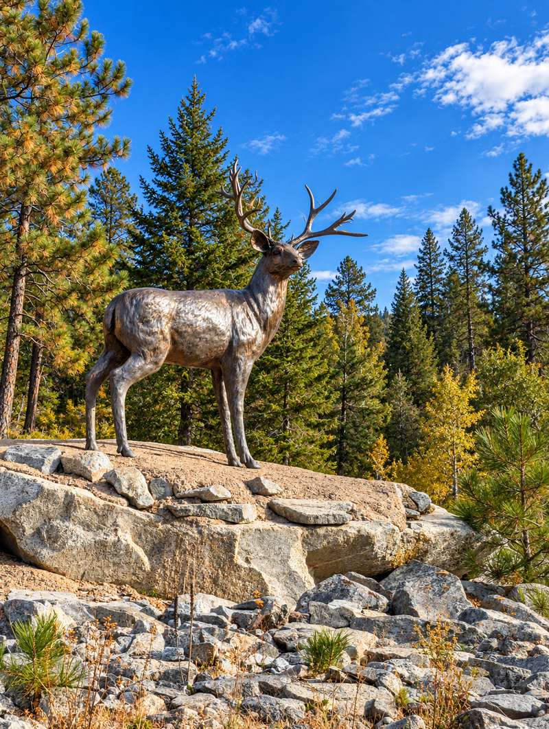Deer statue with large antlers standing on a rock outcrop on Mule Deer Dr, Anarchist Mountain, Osoyoos BC