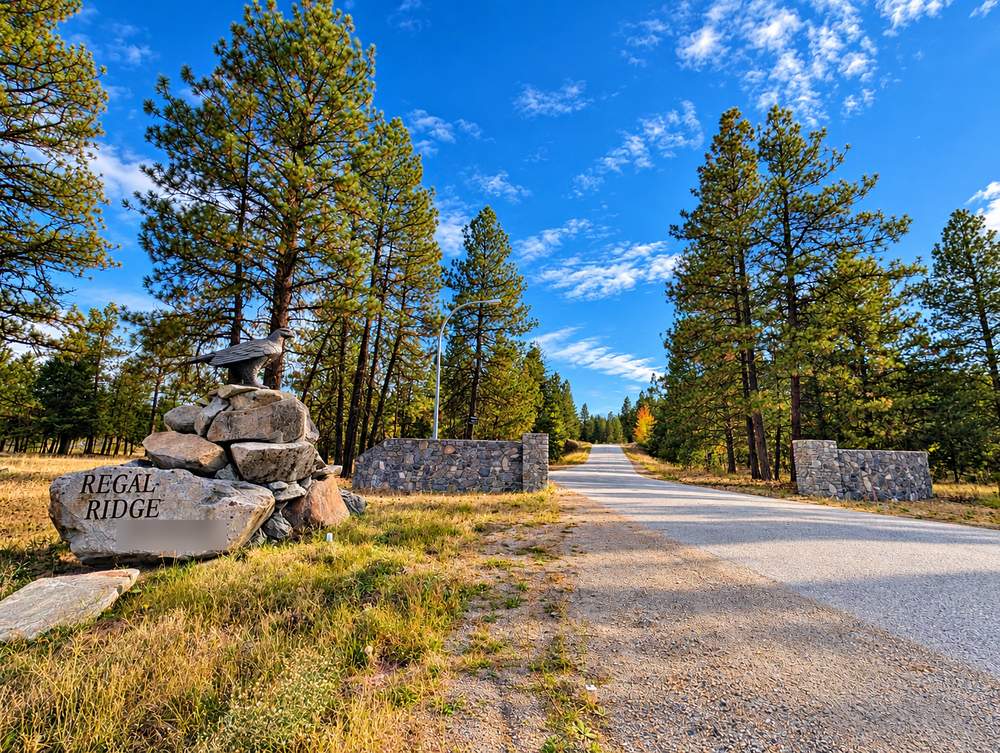 Regal Ridge entrance on Peregrine Dr, Anarchist Mountain, with stacked-rock monument, eagle statue and stone walls