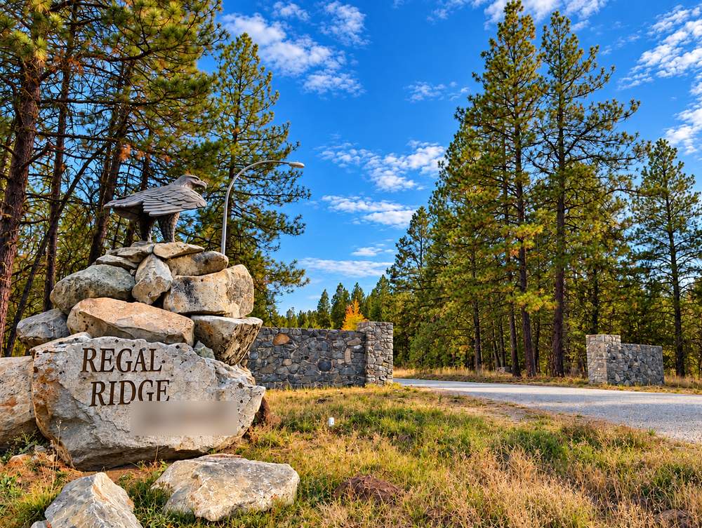 Regal Ridge entrance sign rock with eagle statue above, Peregrine Dr, Anarchist Mountain, Osoyoos BC